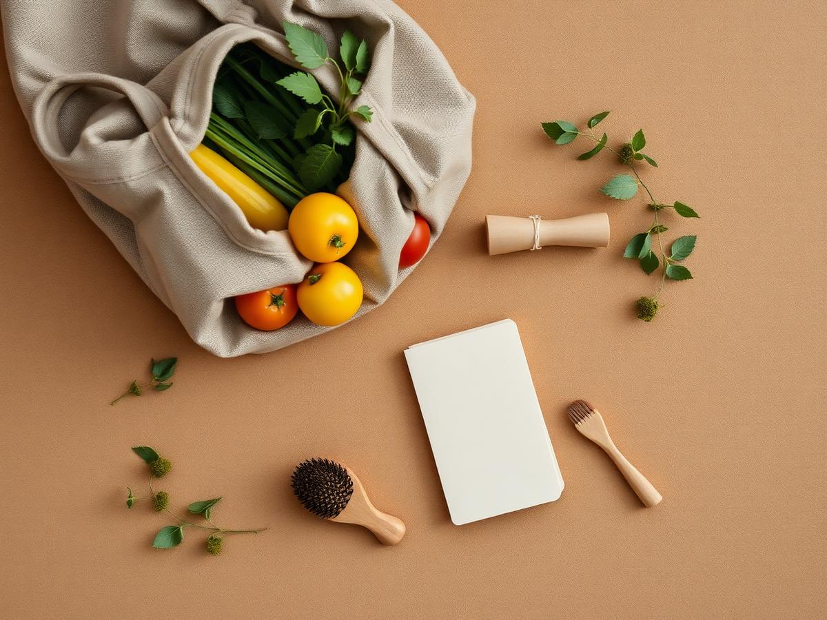 Cloth shopping bag with vegetables, a notebook and reusable household items